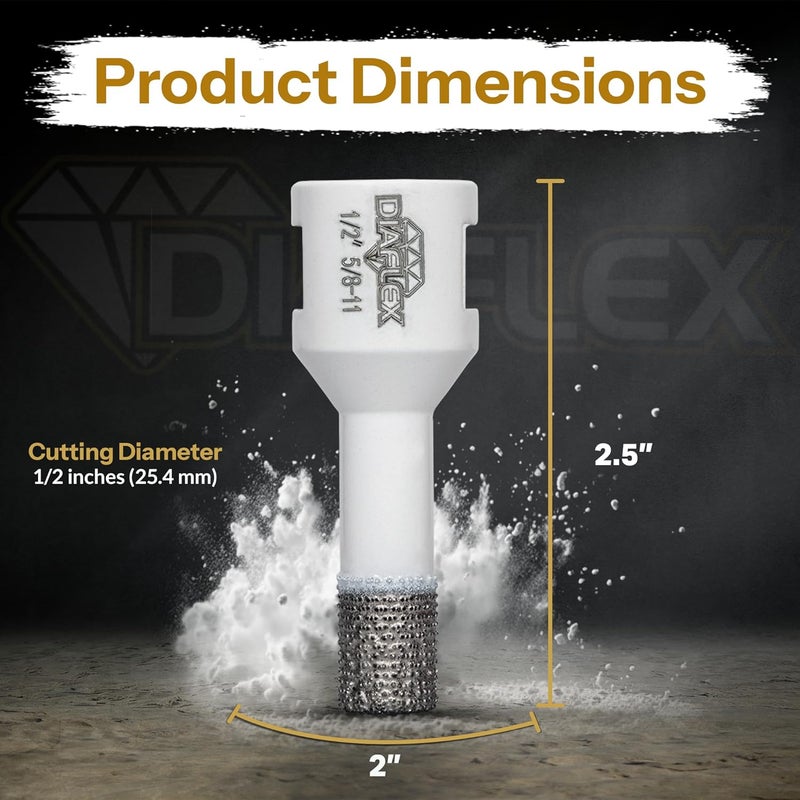 DIAFLEX Premium Brazed Core Bit – 1/2" Diamond Hole Saw for Porcelain, Ceramic, Stone, Dekton – 5/8"-11 Thread – Fast Clean Cuts – Vacuum Brazed – Wet or Dry Use - Image 3